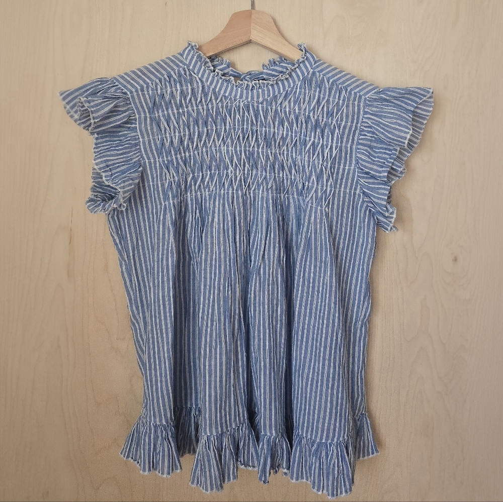 By Anthropologie Womens Size Medium High Neck Blue & White Striped Smocked Shirt